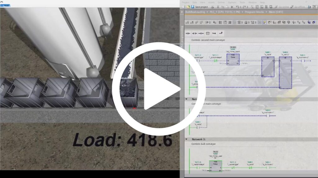In questo video, il team tedesco di Ingenieurbüro für Prozesssimulation mostra come sia possibile testare una logica Ladder complessa, sviluppata in TIA Portal e simulata in PLCSIM Advanced, direttamente su un modello 3D dell’impianto costruito in FlexSim. Tutto questo grazie al modulo Emulation, sviluppato da Flexcon.