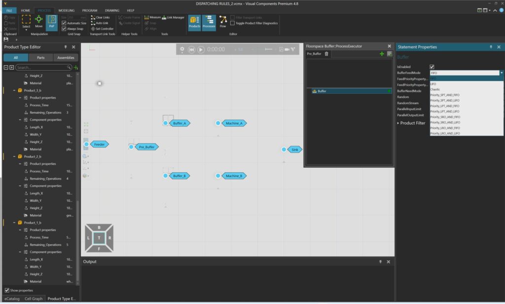 🇮🇹 Alt text (italiano)
Process Modeling in Visual Components che mostra l’analisi delle dimensioni dei buffer in una linea di assemblaggio per identificare il punto ottimale tra continuità produttiva ed efficienza operativa. Process Modeling in Visual Components showing the analysis of buffer sizes in an assembly line to identify the optimal point between production continuity and operational efficiency.