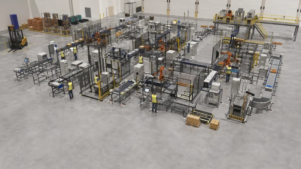 Vista isometrica di un sistema industriale complesso realizzato in ambiente di simulazione 3D: una linea produttiva articolata con nastri trasportatori, robot, macchinari e operatori umani distribuiti lungo il flusso, che interagiscono in un layout altamente dettagliato e interconnesso all’interno di uno stabilimento moderno.