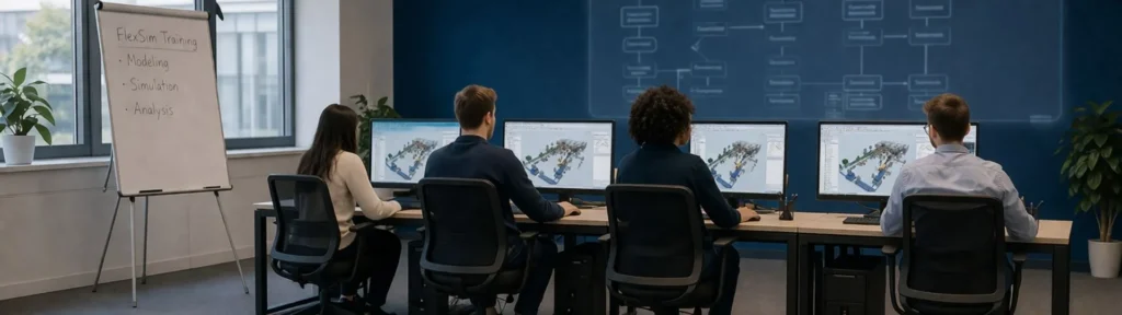 Participants taking part in a FlexSim Core Open Training session focused on learning discrete event simulation, modeling manufacturing systems, logistics processes and material handling operations using FlexSim simulation software.